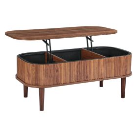 39.4 in Lift Top Coffee Table, Fluted Oval Coffee Table with 3 Hidden Compartment, Mid Century Wooden Oval Center Desk with Storage