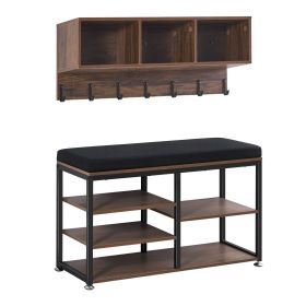 Coat Rack with Shoe Bench, 3-in-1 Shoe Coat Rack Combo Set with Hooks and Bookshelf, Steel Frame Hall Tree Entrance Storage Organizer Holder for Entry