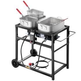 Outdoor Propane Deep Fryer, Dual-Tank 18QTx2 Commercial Fryer, Multi-Purpose Portable Frying Cart with Wheel, 3 Basket, 2 Thermometer
